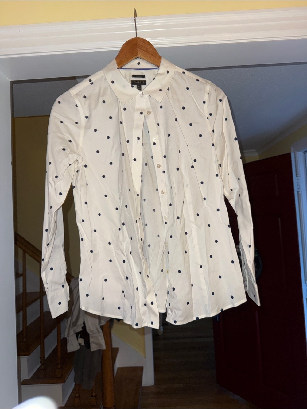 Talbots White Button-Down Blouse with Navy Polka Dots